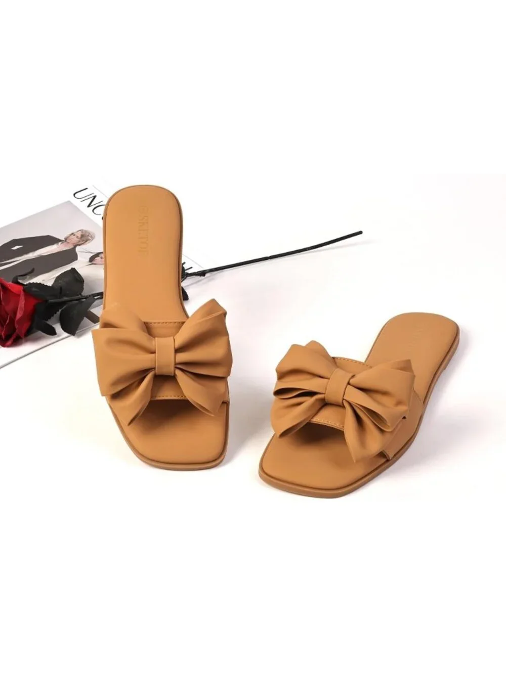 Women's Camel Faux Leather Bow Flat Sandals Open Saquare Toe Comfortable Slides